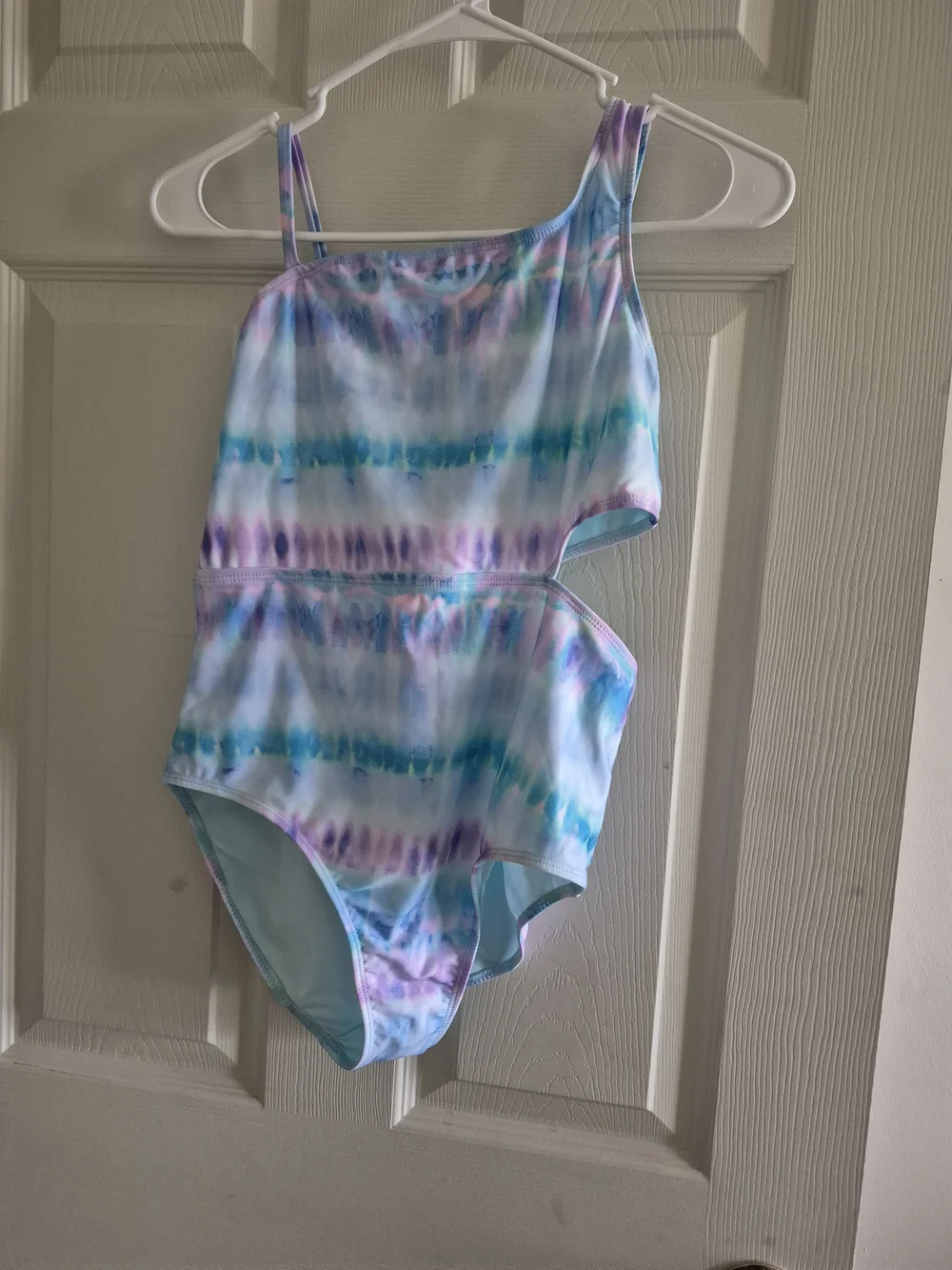 wonder nation Girls One-Shoulder Tie-Dye Swimsuit in Blue, Purple & Pink